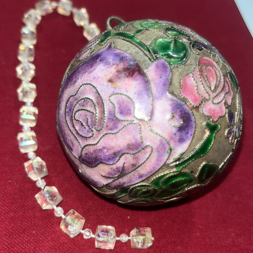 Cloisonné ROSES ball pink purple green stems butterfly Christmas Ornament 3.5”